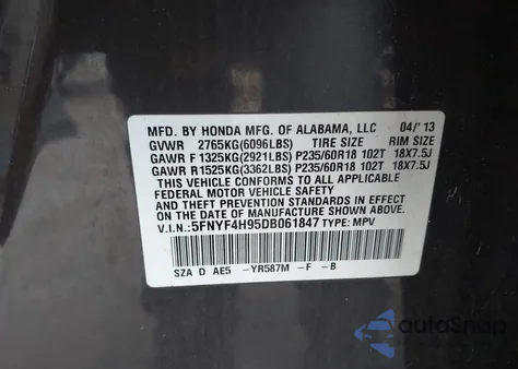 2013 Honda Pilot Touring из США, поврежденный, VIN 5FNYF4H95DB061847